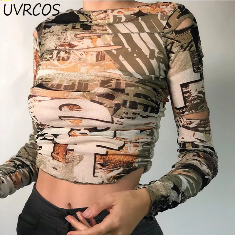 

Punk Y2K Hollow Out Crop Tops Gothic Street Tee Shirt for Women Basic O Neck Long Sleeve Tees Female 2021 Summer Long Sleeve Top
