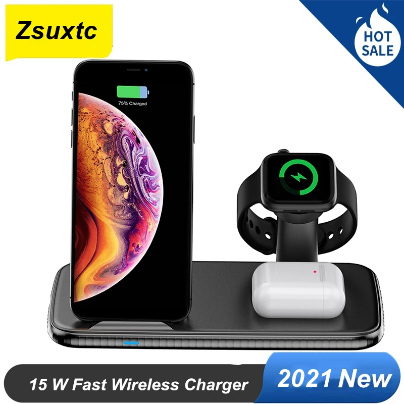 

15 W Fast Wireless Charger For iPhone 12 11 Pro XR XS MAX 8 Wireless Charging Pad For Apple Watch 5 4 3 For Airpods