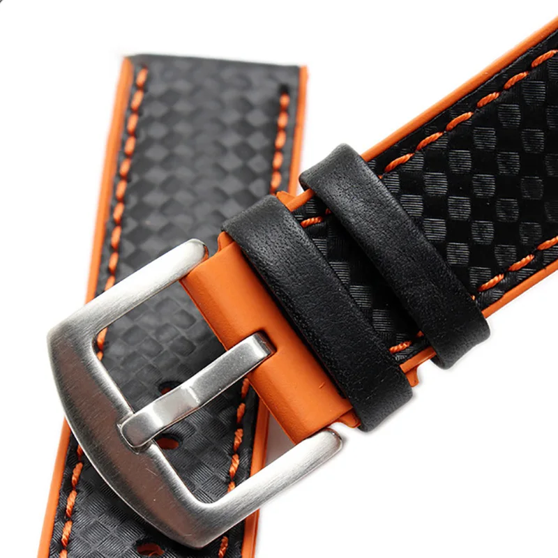 BEAFIRY 18mm 20mm 22mm 24mm Orange Stitching Carbon Fiber+silicone Black Genuine Leather red blue orange Watch Band Strap sport