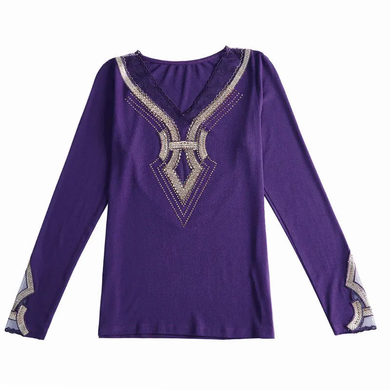 

2020 Autumn Luxury Large Size Women's Shirt Long Sleeve Fashion Light Diamond Embroidered Small Shirt Sexy V Cotton T-shirt