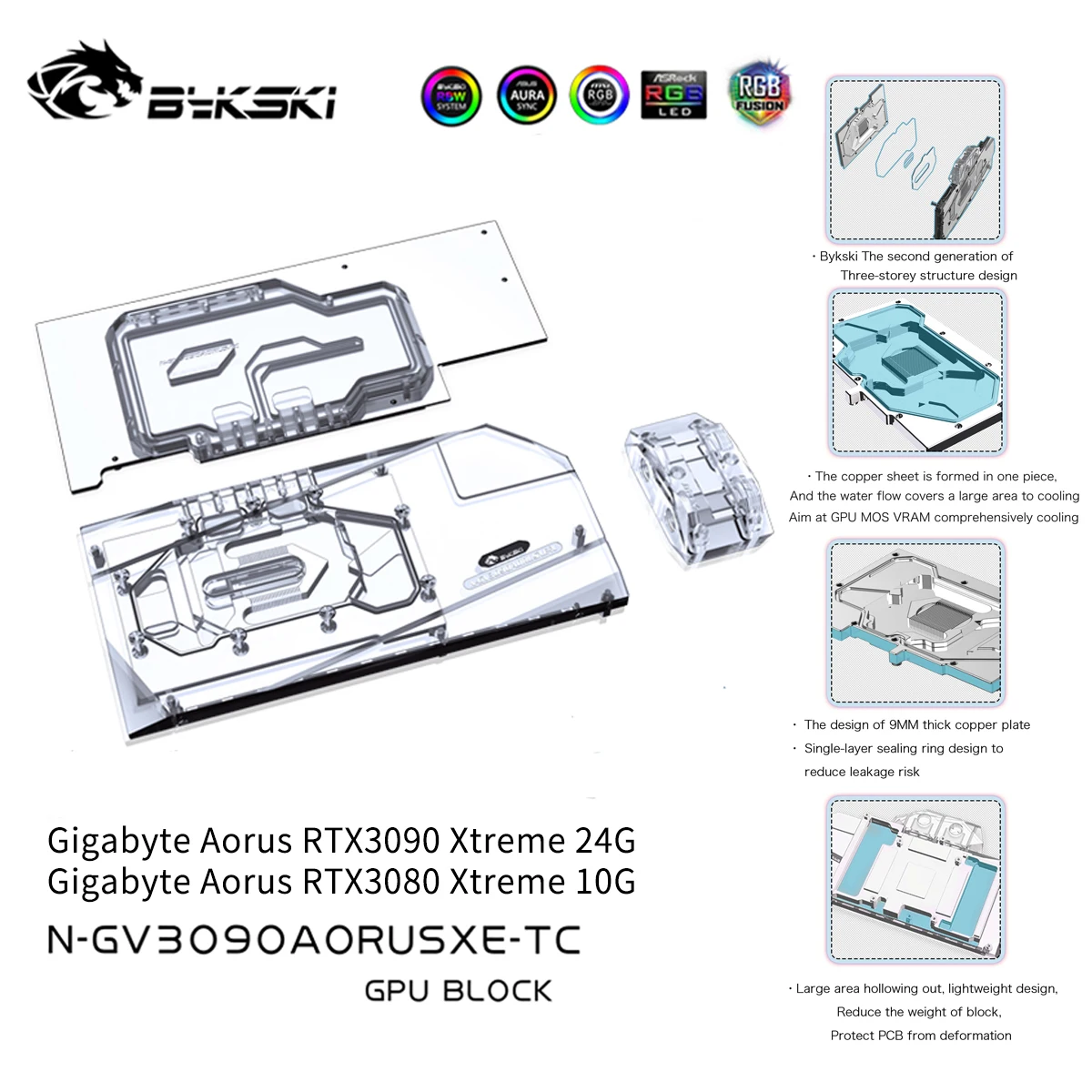 Водный блок Bykski с графическим процессором активным водным ходом для Gigabyte Aorus RTX 3090