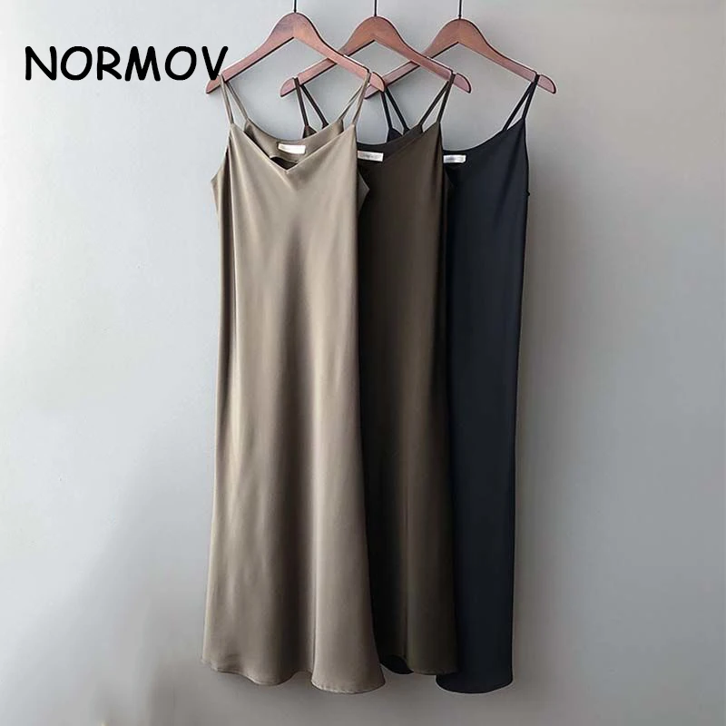 

NORMOV Spring Summer 2021 Woman Tank Dress Casual Satin Sexy Camisole Elastic Female Home Beach Dresses V-Neck Camis Sexy Dress