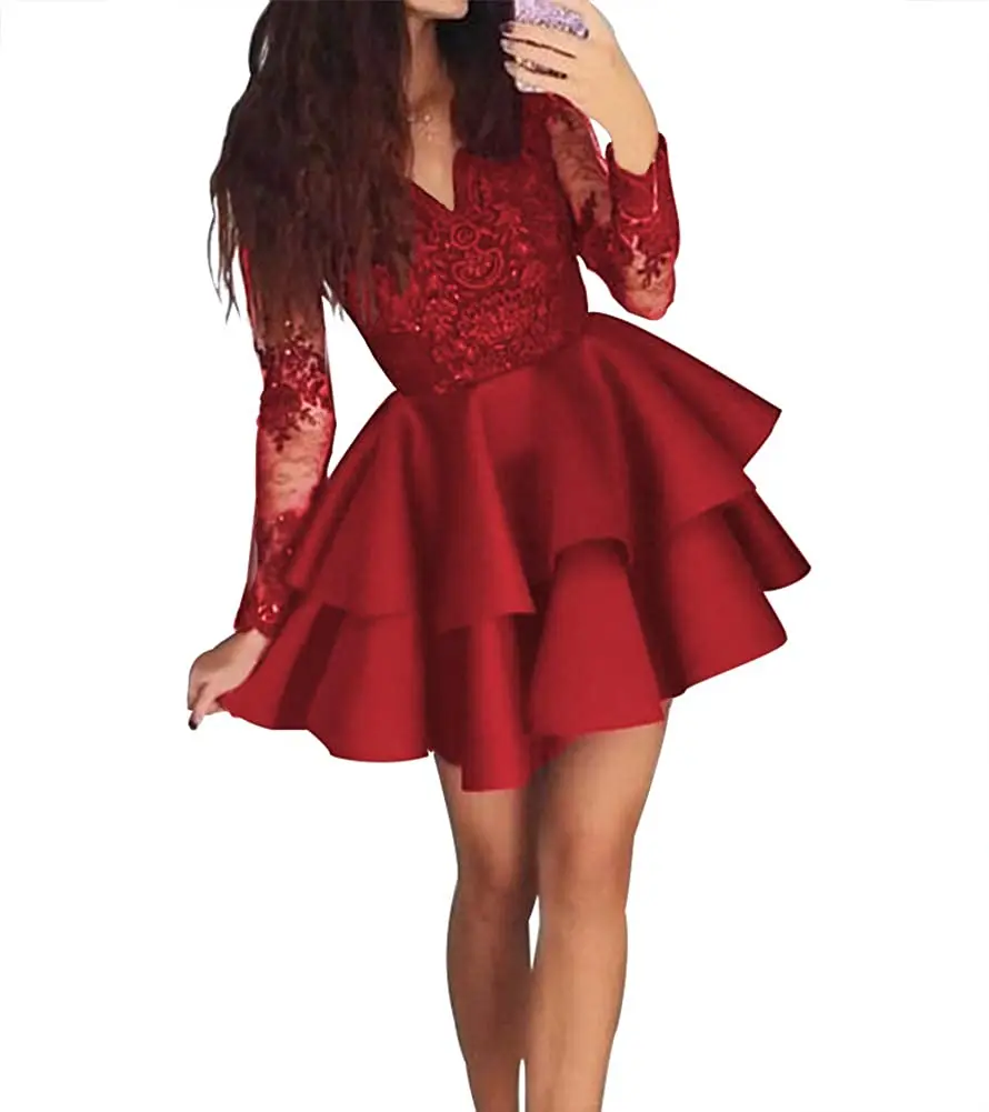 Homecoming Dresses Short Long Sleeve Cocktail Dress Lace Prom Dresses  Tiered Lace Applique Beaded V Neck Wedding Party - купить по выгодной цене  | AliExpress