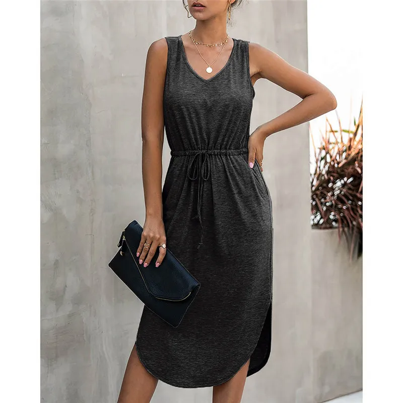 Женское Повседневное платье с бантом летнее однотонное без рукавов круглым