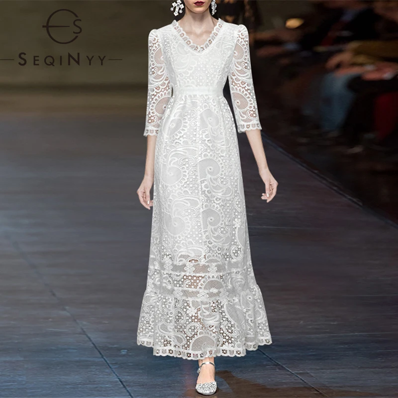 

Женское кружевное платье-миди SEQINYY, белое элегантное приталенное платье с цветочным кружевом, лето-весна