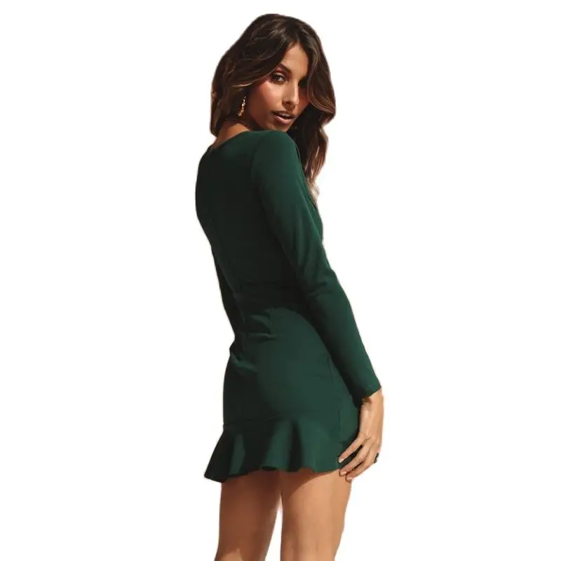 

Women Dress O Neck Spring Autumn Green Sheath Long Sleeve Dress Women Sexy Back Zipper Elegant Ladies Mini Dress Vestidos