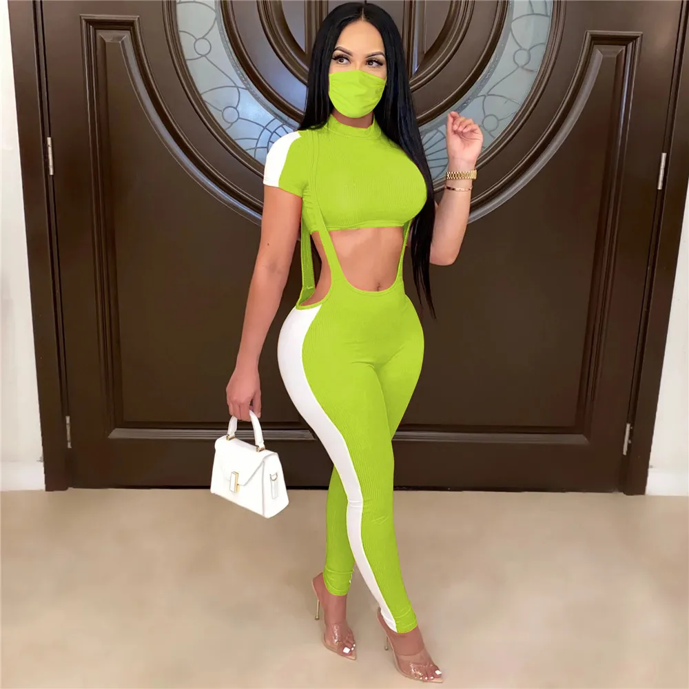 Wjustforu 7 Color Sport Patchwork Two Piece Set Women Crop Tops + Overalls Leggings Casual Skinny Sexy Tracksuit Clothes |