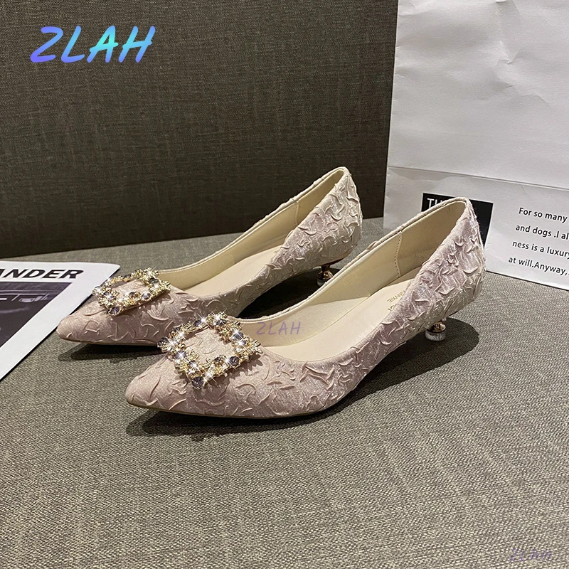 

New Pointed Low Heel Women's Single Shoes Zlah Metal Decorative Stilettos Fashion Casual Fold Women's Shoes