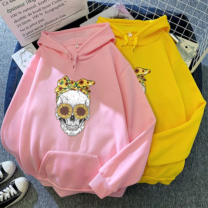 Women Skull Printed Hoodies Streetwear Hooded Vintage Sweatshirt Clothes Oversized Sweetshirt Harajuku Solid Color Hoodie