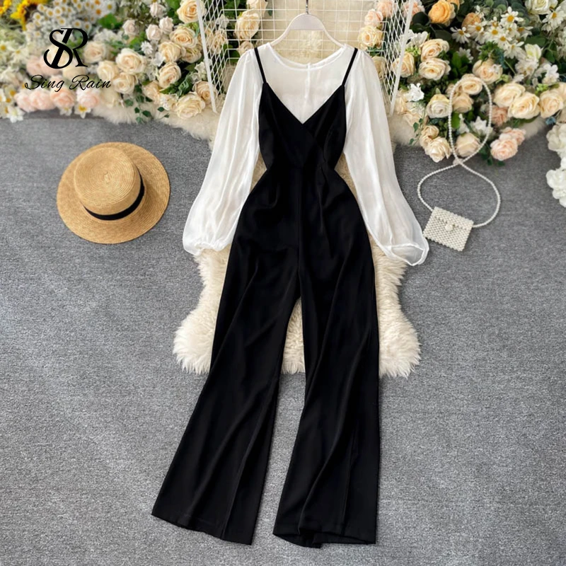 

Женский Осенний однотонный комбинезон SINGRAIN 2020 года с круглым вырезом и длинными рукавами-фонариками + сексуальный длинный комбинезон с отк...