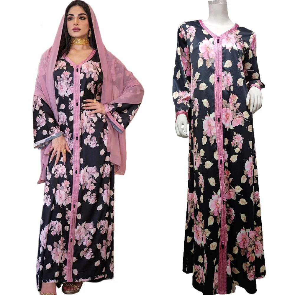 Женское длинное платье Рамадан, мусульманская абайя с цветочным принтом, Арабский кафтан, Дубай, мусульманский халат макси для женщин, туре...