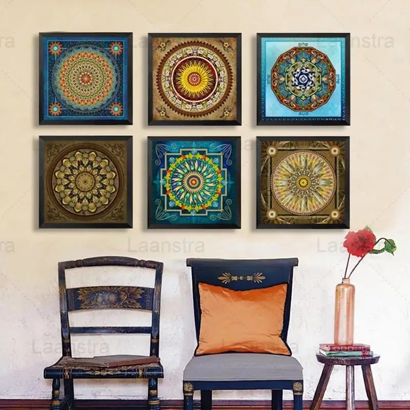 

Abstract Art Poster Mandala Ornament Canvas Painting Vintage Square Print Colorful Canvas Painting Living Room Wall Pictures