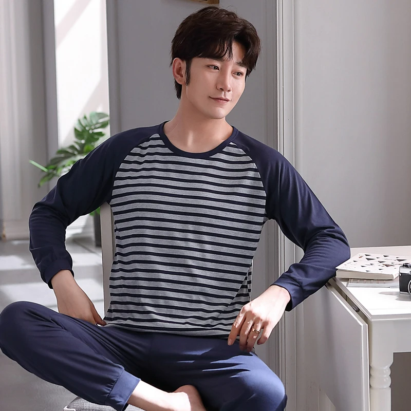 

2021 spring Autumn Men Sleepwear Men's Pajama Set Long Sleeve Cotton Pajamas for Men letters Elastic Waist Pants Leisure Outwear