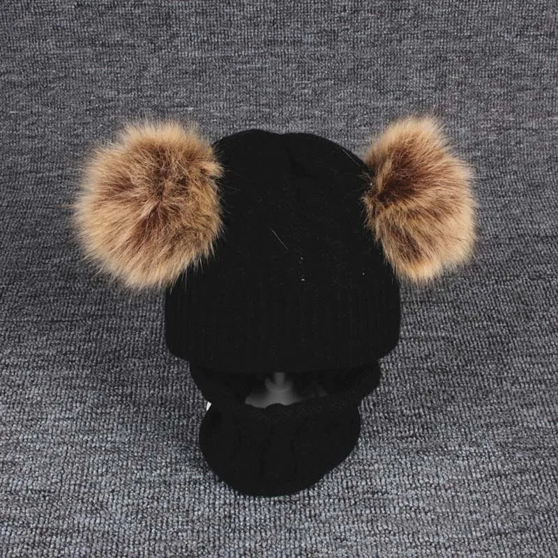 black 01 hat Комплект, шарф, детская шапка, модная детская зимняя шапка, детский шарф с двойным помпоном, вязаная зимняя детская шапка, теплая шапка для малышей, шапка - Цвет: black 01 hat