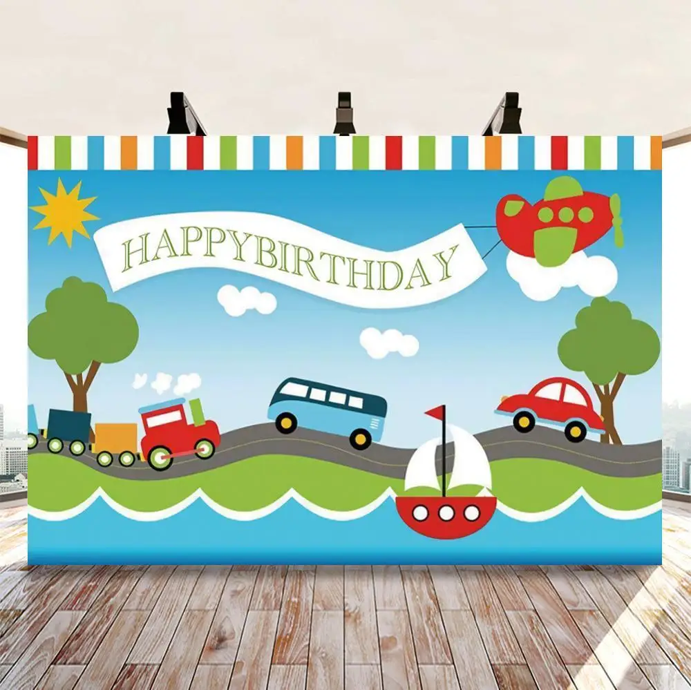 

Transportation Birthday Party Backdrop Public Transport Photography Background Vehicles Cars Train Travel Party Decoration