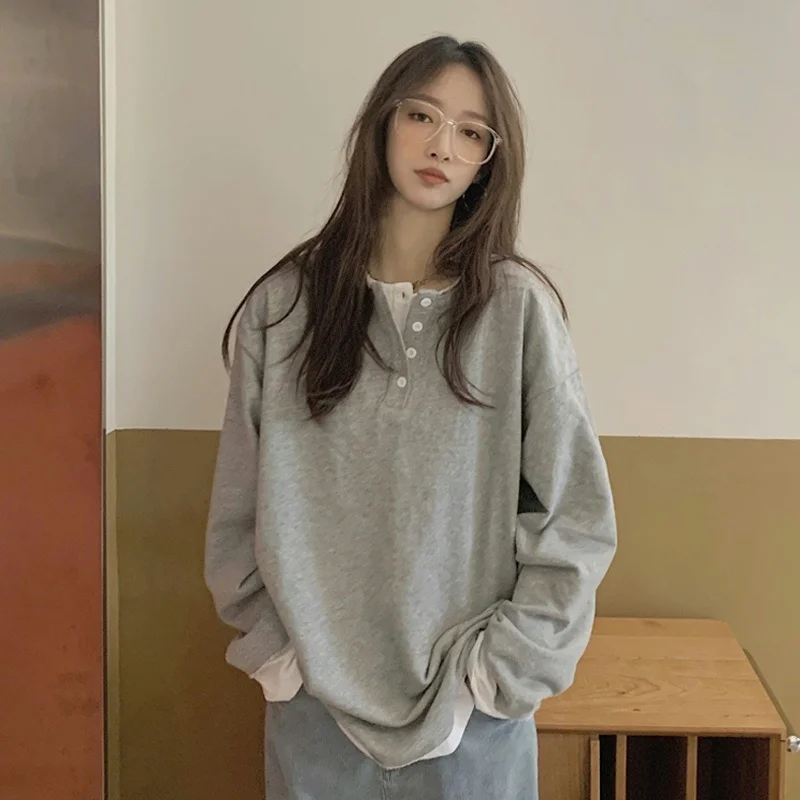 

Серый женский свитер из двух частей свободный корейский Новинка 2021 на раннюю весну и осень модный дизайн