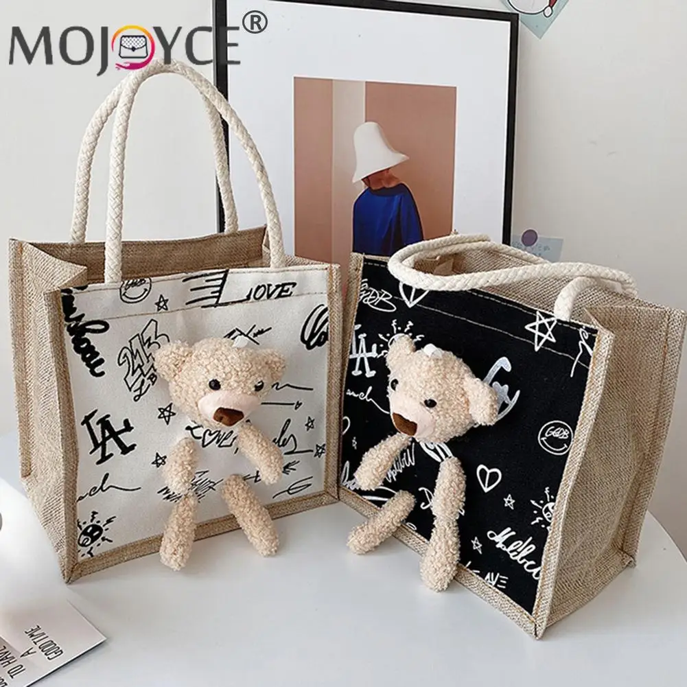 

Leisure All-match Cotton and Linen Cartoon Bear Handbag Women Vintage Letters Printing Top-handle Bag Protable Festival Gift Ba