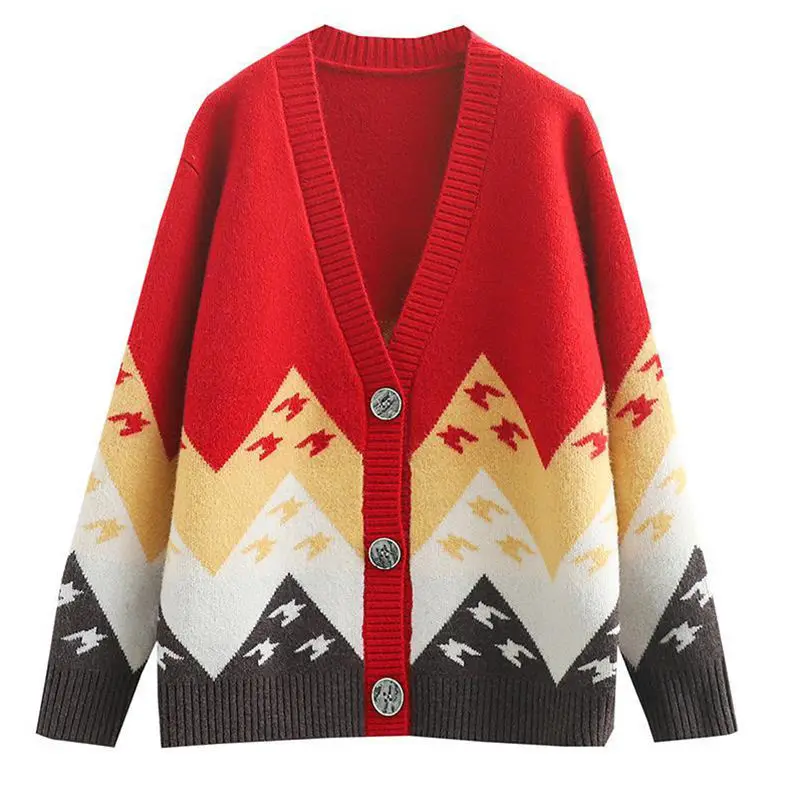 

Spring and autumn new color matching jacquard knitted sweater cardigan women's Korean casual versatile knitted sweater coat