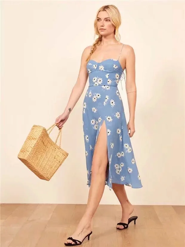 

Women Summer Sexy French Style Sling Strap Dresses Daisy Printed Sweet Backless Split Dress 2021Beach Sleeveless Dress Vestidos