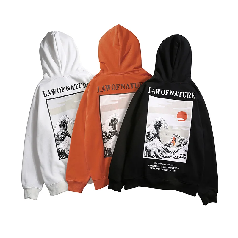 Japanese hoodies men Embroidery Funny Cat Wave harajuku Printed fleece hip hop streetwear winter sport brand sweatshirts | Мужская