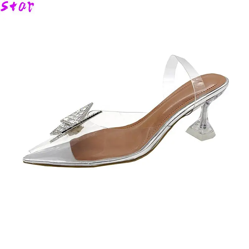 Summer Ladies High Heels Butterfly Crystal Women's Sandals Pointed Toe Baotou Transparent Stiletto Women's Shoes Party Shoes