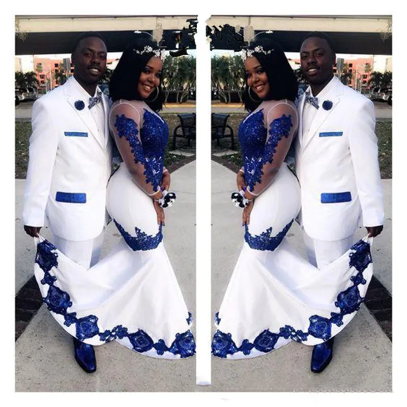 

New White Satin Royal Blue Lace Aso Ebi African Prom Dresses Long Illusion Sleeves Appliqued Mermaid Evening Formal Gowns Pagean