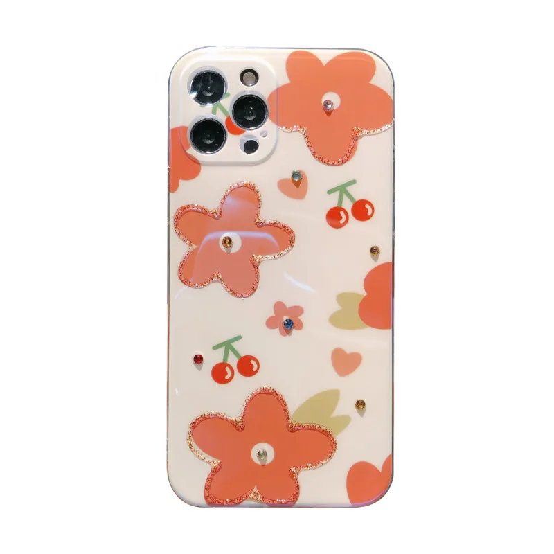 

Gold foil Flower Print Phone Case Cover For Iphone 12 11 Pro XS Max XR X 8 7 Plus Red Strawberry diamond Soft Silicone Cover