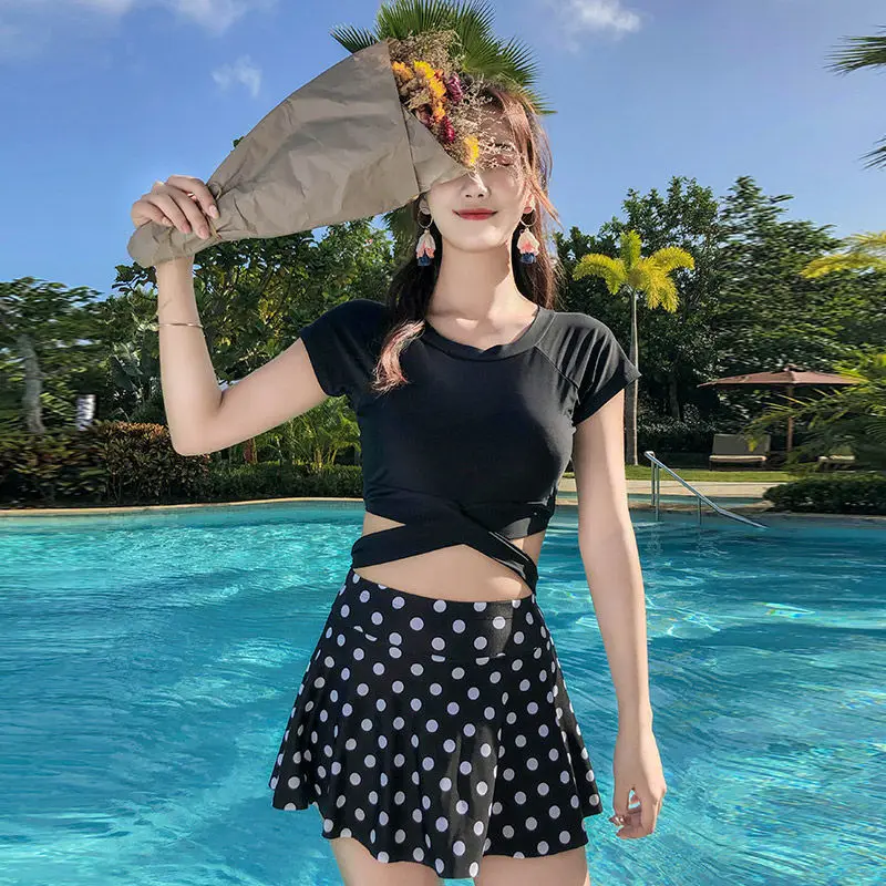 

Bikini Set Women Sexy Split Swimsuite Black Slim Vintage Underwire High Waist Dot Female Beach Wear Korean Fashion Bathing Suit