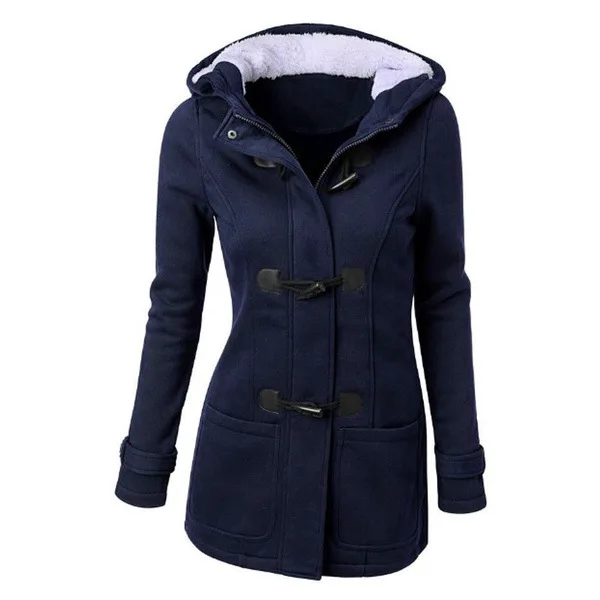

2021Plus Size Women Cotton Horn Button Slim Casual Coat Winter 2021 New Parkas Long Sleeve Warm Jacket Grey Solid Hood Pocket
