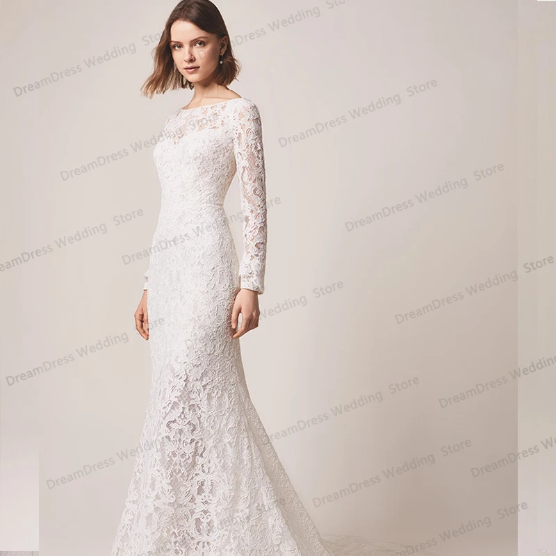 

Женское свадебное платье с юбкой-годе, элегантное кружевное платье с длинными рукавами и открытой спиной, платье невесты, 2021