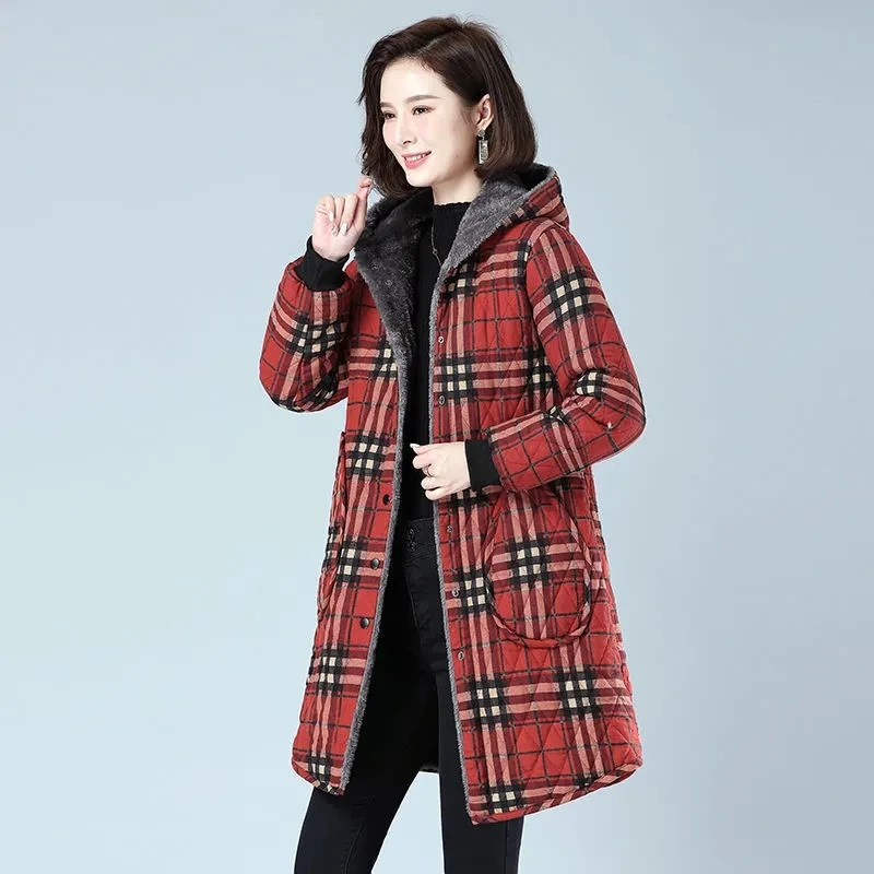 Vintage Women's Hooded Winter Thick Jacket Mother's Clothes Velvet Thicker Long Cotton-Padded Warm Jacket Hooded Coat enlarge