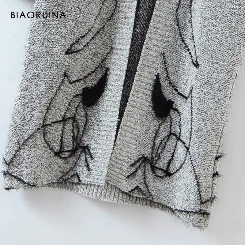 

BIAORUINA Women's Casual Character Jacquard Long Knitted Cardigan Korean Style Fashion Thick Sweater Autumn Winter New Arrival