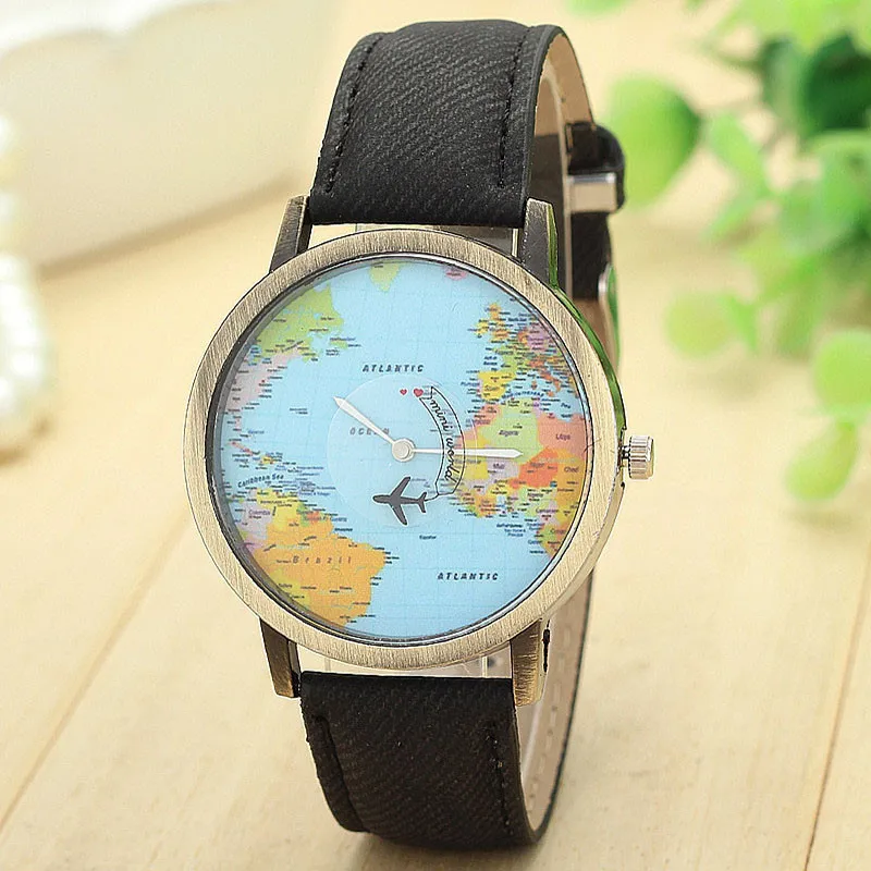 New Ladies Trend Wrist watches Fashion Global Travel By Plane Map Dial Analog Clock Women Dress watch Denim Fabric Band Relogio | Наручные