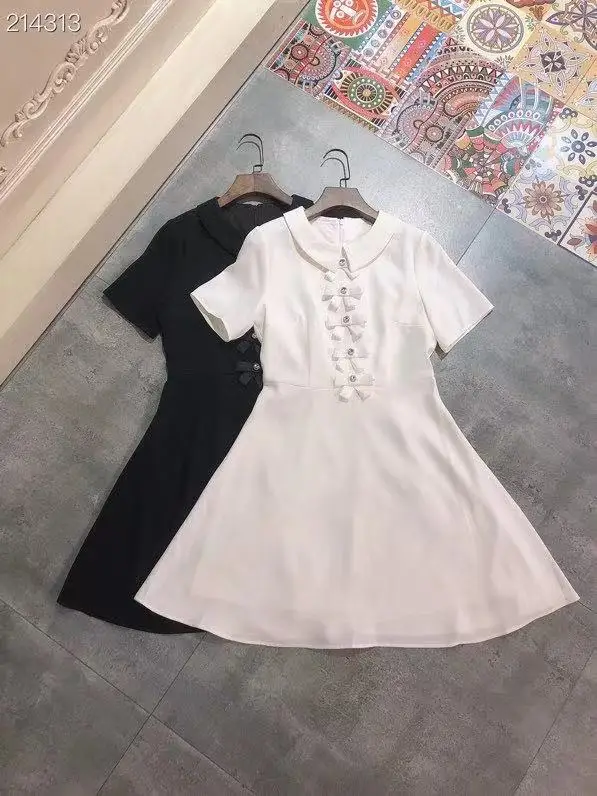 

Summer Women Vintage Mini Dress 2021 Fashion Runway Ladies Peter pan Collar Short Sleeves Slim Straight Mini White / Black Dress