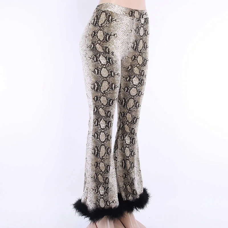 

Goocheer high waist snakeskin fake fur patchwork flare pants autumn winter women streetwear trousers outfits