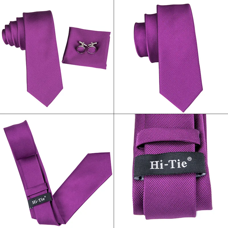Hi-Tie 6 см тонкий галстук сплошной Шелковый тканый красный синий простой цвет галстук носовой платок запонки набор мужские вечерние свадебные Узкий Тонкий галстук на шею