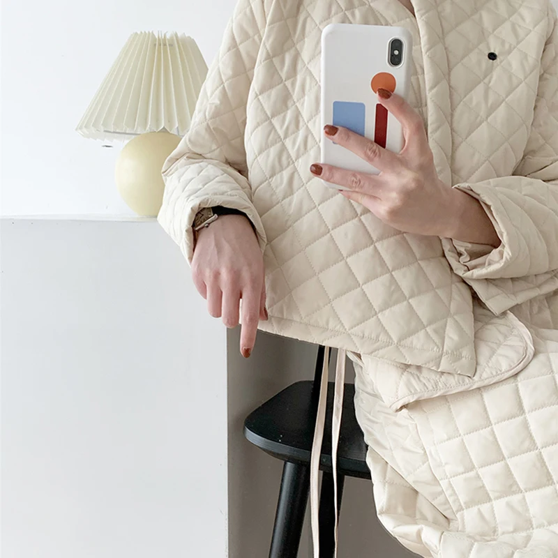 Casual Patchwork Argyle Cotton Coat  for Women O Neck Long Sleeve Casual Parkas Female Fashion New Clothing 2021 Winter