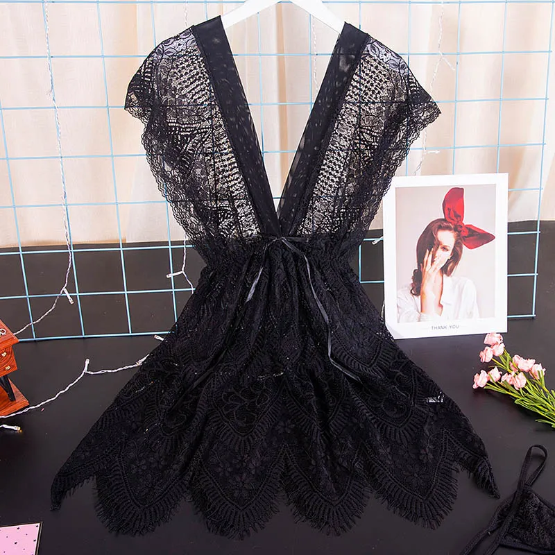 black Женская пижама, пижамы женские домашняя одежда ночнушка сексуальное кружевное Ночное платье, женское нижнее белье, v-образный вырез, ночная рубашка, свободная Ночная сорочка, прозрачная ночная сорочка, Детская кукла - Цвет: black