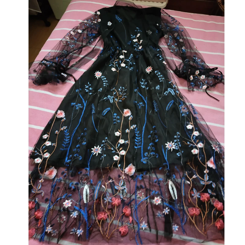 

AELESEEN Plus Size Floral Embroidery Long Dress Elegant Full Sleeve Maxi Dresses Bow Waist Elastic Party Holiday XXXL Dress