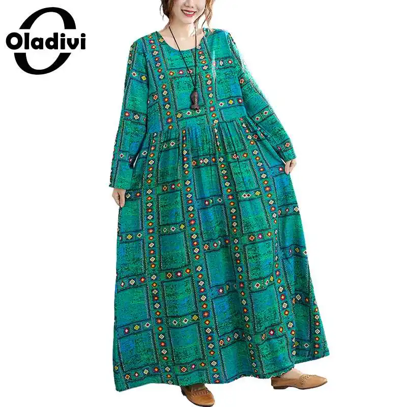 

Oladivi модные женские платья большого размера с принтом в богемном стиле, женское повседневное Свободное длинное платье макси, демисезонная т...