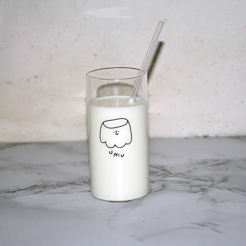 400ml Korean Printed Transparent Glass Coffee Tea Drinks Dessert Breakfast Cup Small Fresh Milk Juice Cold Water With Straw | Дом и сад