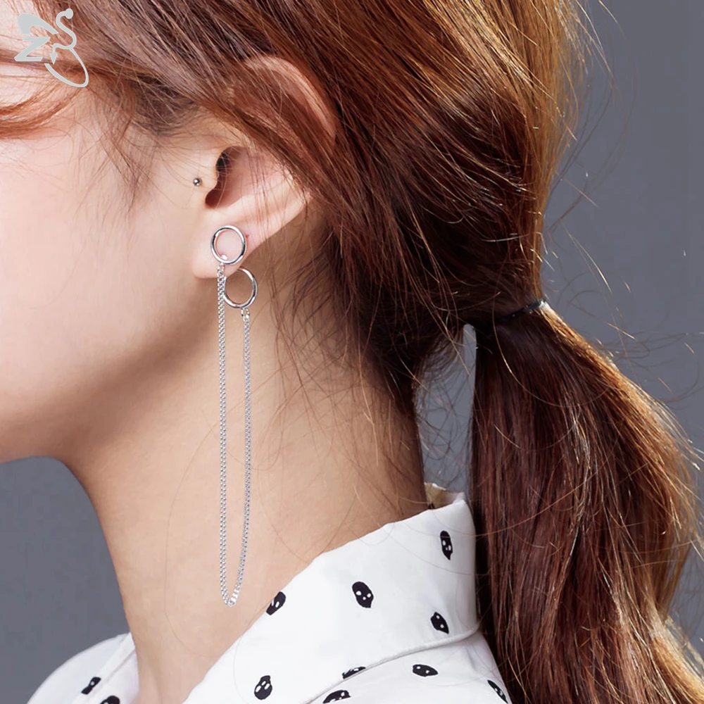 

ZS Korea Kpop Stainless Steel Tassel Drop Earrings Men Hip Hop Rock Roll Punk Round Dangle Stud Earring Jewelry aros mujer oreja