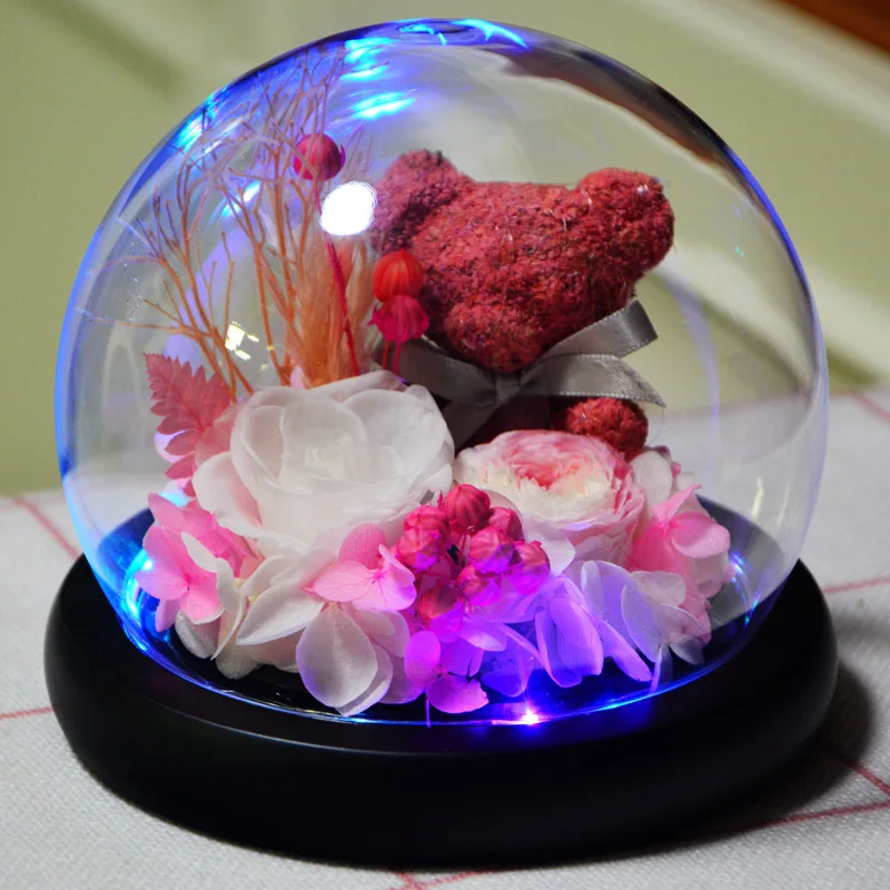 

Glow Bear Eternal Flower Rose In Wedding Decoration Flowers In Glass Cover For Valentine's Day Christmas Birthday Box Gift