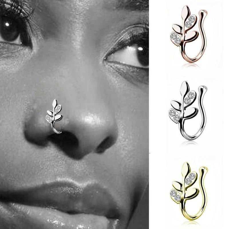 

1pc Nose Stud Steel Leaf Clip Leaves Fake Piercing Clips Nail Rings Diamond-studded Faux False Nose Ring Jewelry Gift