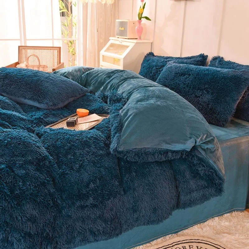 DIMI Solid Color Long Plush Shaggy Bedding Set Luxury Winter Warm Fluffy Faux Fur Soft Duvet Cover Bed Sheet Set Pillowcases