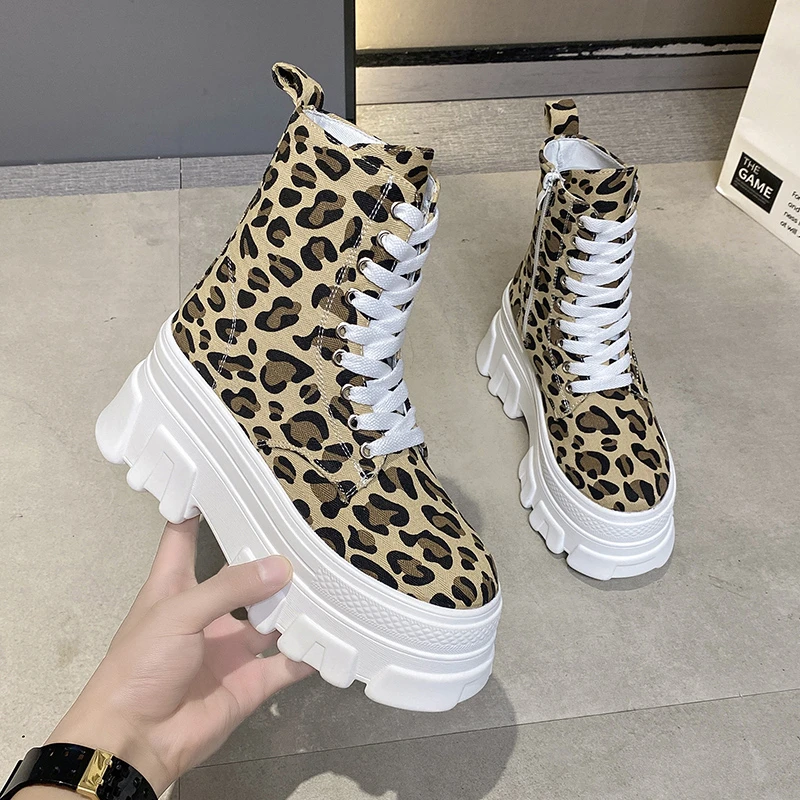

Fashion Retro Leopard Platform Women Boots Chunky Punk Canvas Botas Gothic Shoes Light Thick Bottom Model Sexy Nightclub Boots