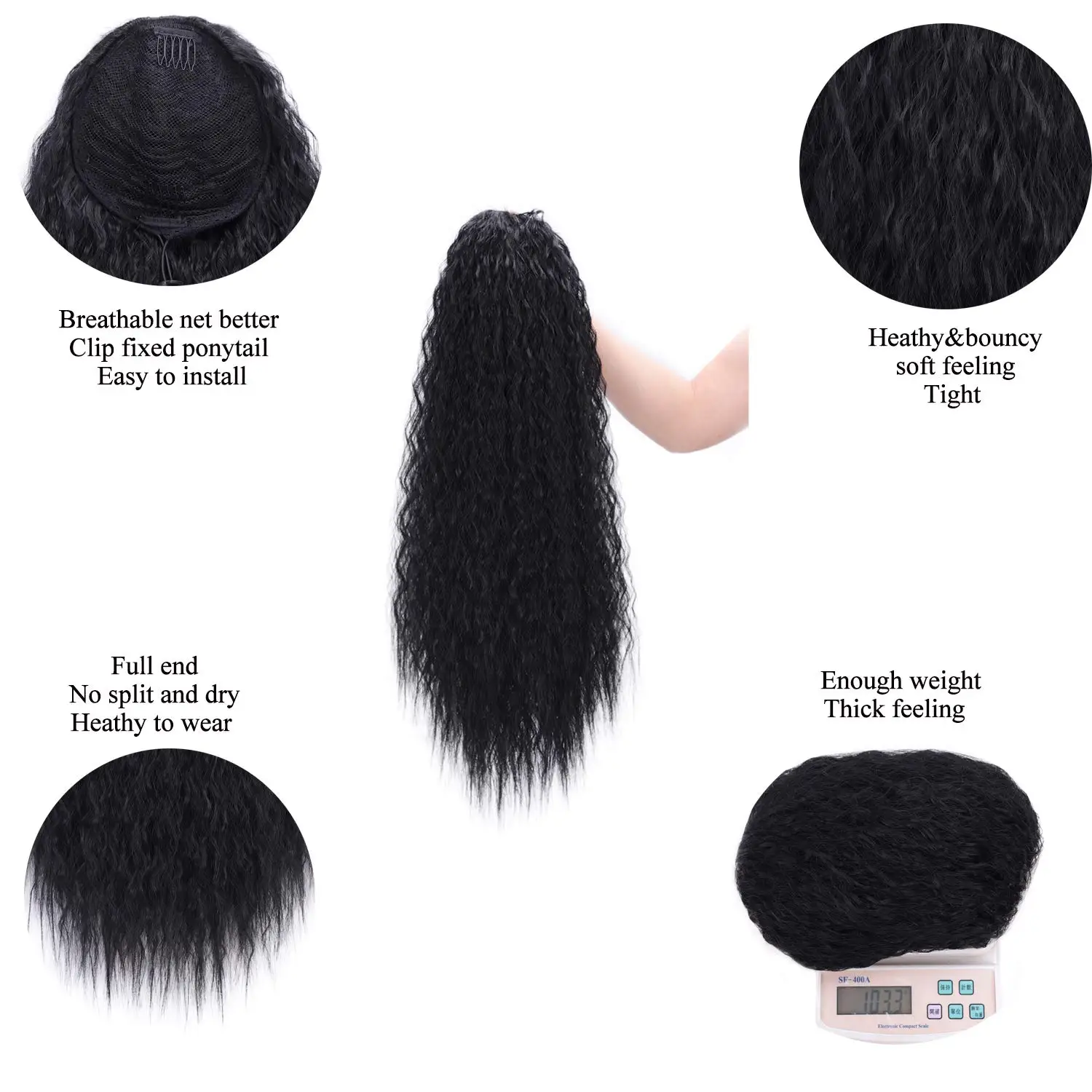 

Stamped Glorious Sliightly Curly Synthetic Ponytails Wigs for Black Women Clip-in One Piece Hair Extensions Black Wave Ponytail