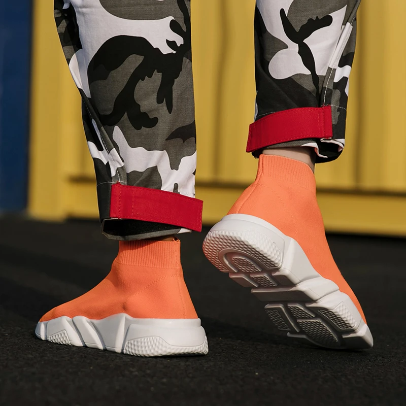 Женские высокие кроссовки без шнуровки оранжевые Повседневные носки на плоской