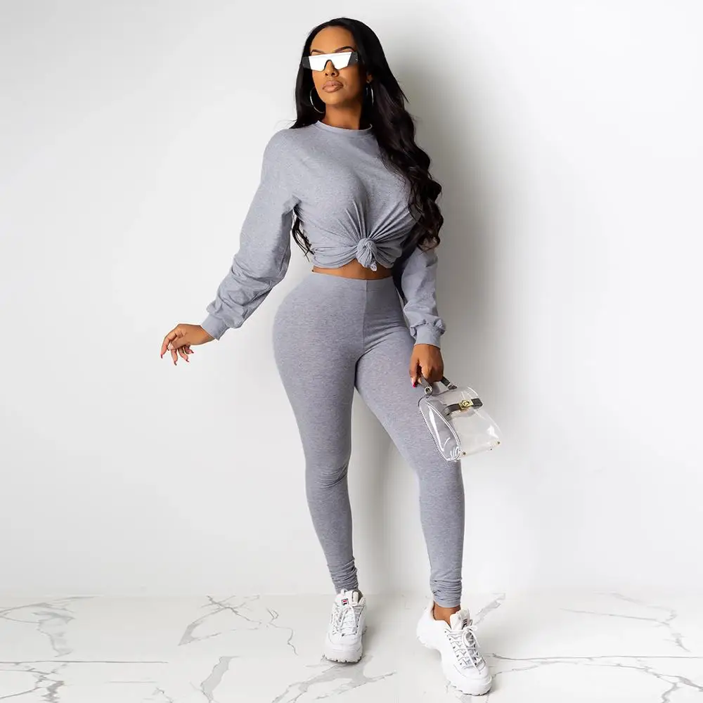 gray Casual Women Two Pieces Jogging Femme Long Sleeve Sportwear Tracksuit Women O-neck Crop Top+ Long Pants Suit Autumn - Цвет: gray