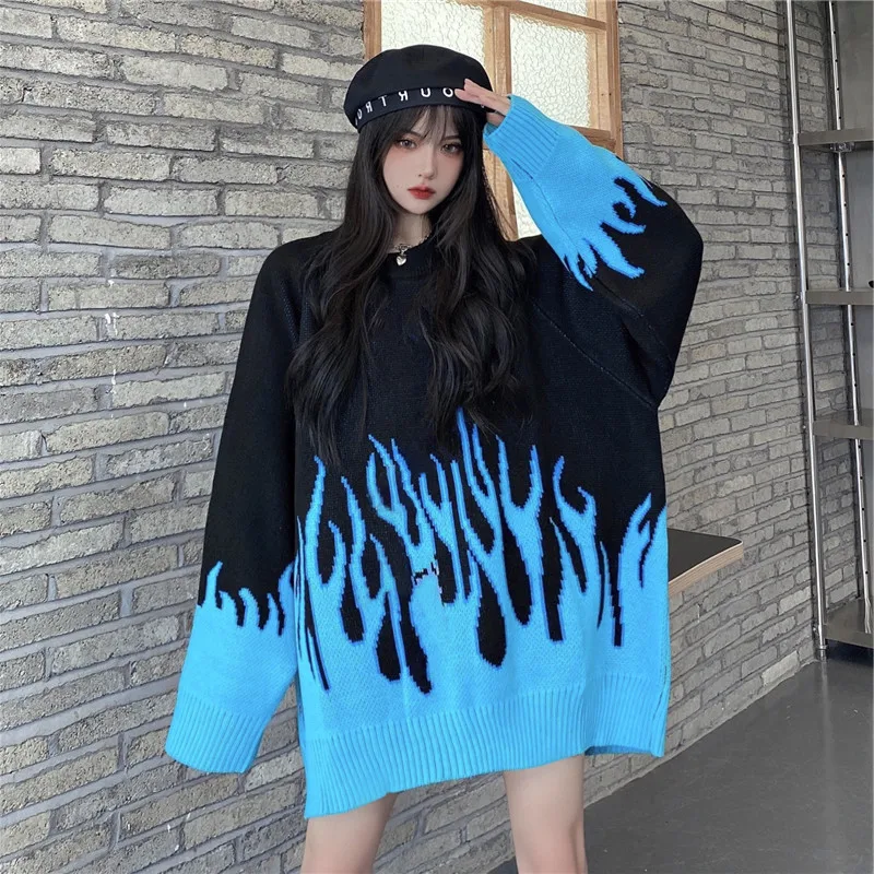 

vetement femme 2021 hip hop Oversized Long sleeve Men Knitted Sweaters Autumn winter blue flame Printed women sweater tops